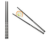Classic black chopstick set: holding fish roll bamboo stick isolated. Utensils for eastern japanese dishes traditional cuisine. Realistic 3d vector illustration