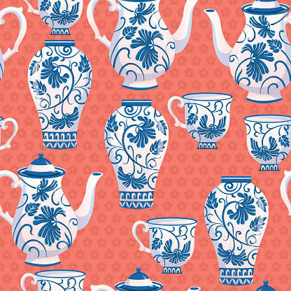 Classic Blue Ceramic Pottery Vector Seamless Pattern