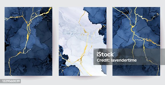 istock Classic blue watercolor fluid painting vector design cards 1329560039
