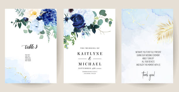 klasyczny niebieski, biała róża, biała hortensja, ranunculus, anemon, kwiaty ostu - zaproszenie stock illustrations