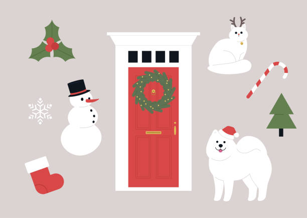 bildbanksillustrationer, clip art samt tecknat material och ikoner med en klassisk jul klistermärke pack, en dörr krans med ljus, en snögubbe, en polkagris, en helig växt - cat snow