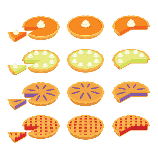 Classic pies set Set of traditional American pies: Pumpkin, Key Lime, Strawberry or Cherry and Blueberry pie. Whole and cut slices. Flat cartoon vector illustrations. sweet pie stock illustrations