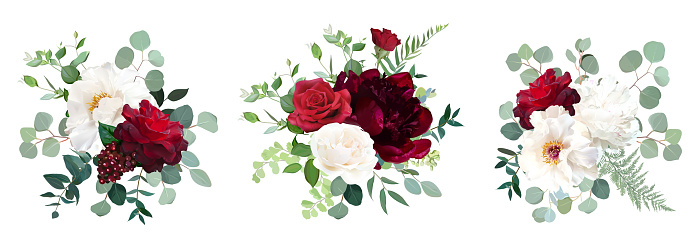 Classic red roses, white and burgundy peony, berry, eucalyptus, maidenhair fern