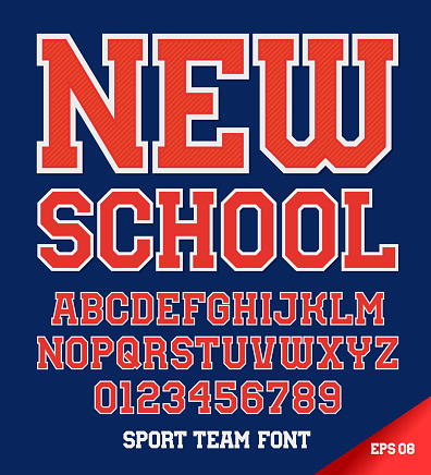 Classic style Sport Team font. Red on blue. Letters and numbers vector illustration.
