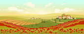 Classic Tuscan scenery flat color vector illustration. Italian hilltop towns at sunset 2D cartoon landscape. Romantic view of poppy and wheat fields. Winding roads in European countryside