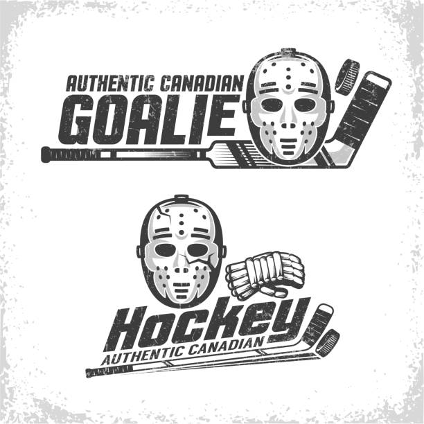 Classic vintage emblems of Canadian hockey with retro goale mask Classic vintage emblems of Canadian hockey with retro goale mask, stick and puck. Grunge texture on separate layer and can be disabled. hockey goalie stick stock illustrations