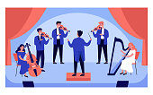 Classical music concert isolated flat vector illustration. Cartoon symphony orchestra, conductor and musicians with violins, cello and harp on stage. Opera, theater and entertainment concept