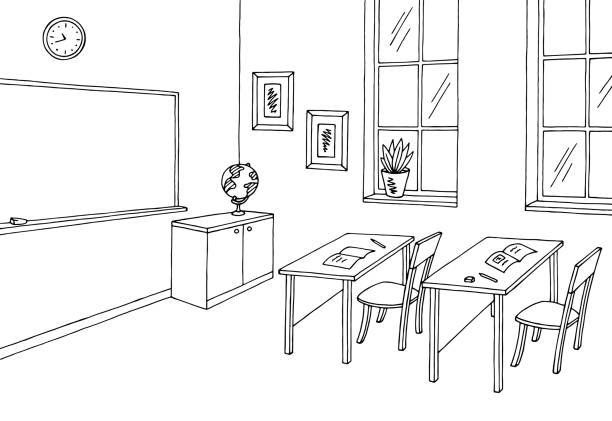 教室裡圖形黑色白色內飾素描圖向量 - 課室 插圖 幅插畫檔、美工圖案、卡通及圖標