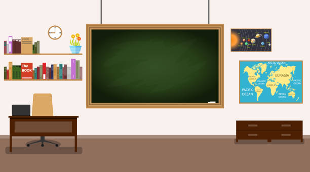 klasie. nikt wnętrze szkoły klasie z biurkiem nauczycieli i tablicą. projekt tła klasy przedniej. - classroom stock illustrations