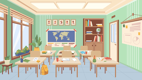 Classroom of school or college interior design, auditorium with desks and books with supplies for lessons. Educational establishment, room with world map and picture. Cartoon vector in flat style
