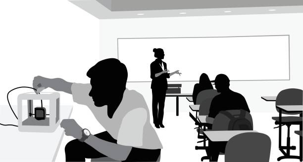 Classroom Tinkering A vector silhouette illustration of a young male student tinkering with a 3D printer in a classroom with a female teacher giving a lecture. teacher silhouettes stock illustrations
