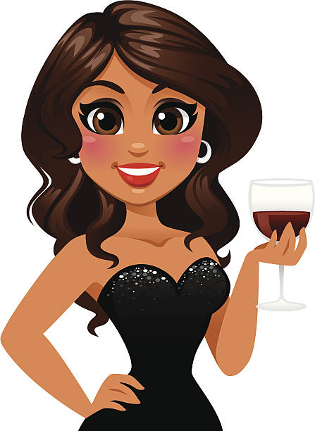 Classy Woman Drinking Wine A woman in a black sequin dress drinking a glass of wine. Earrings, sequin, wine glass, separately removable in Ai. heyheydesigns stock illustrations
