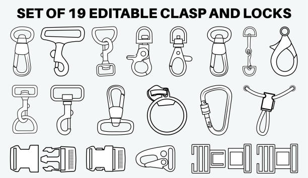 Claw clasps and carabiners flat sketch vector illustration set, different types of clasps, buckles and carabiners for jewellery, climbing equipment, garments dress fasteners, Clothing and Accessories Claw clasps and carabiners flat sketch vector illustration set, different types of clasps, buckles and carabiners for jewellery, climbing equipment, garments dress fasteners, Clothing and Accessories fastening stock illustrations
