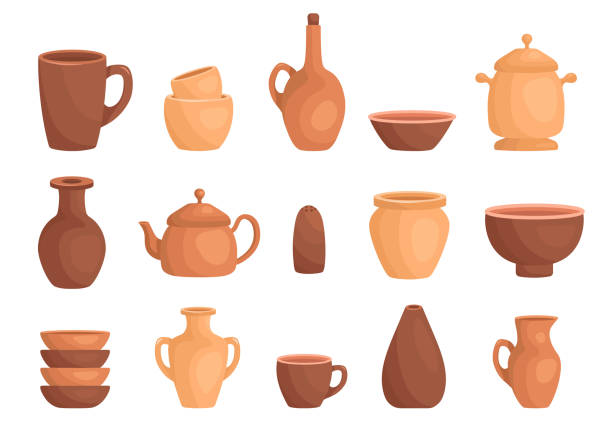 Clay kitchenware assortment set. Cup, mug, vessel, jug, plate, pot, vase, kettle, salt shaker. Clay kitchenware assortment set. Cup, mug, vessel, jug, plate, pot, vase, kettle, pepper or salt shaker. Ceramic utensil, crockery, cookware dishes Vector flat collection isolated on white earthenware stock illustrations