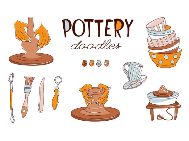 illustrazioni stock, clip art, cartoni animati e icone di tendenza di icone di clay pottery workshop studio impostano lo stile del doodle - foggia