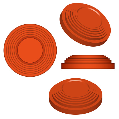 Clay targets isolated on white, orange plates for clay pigeon shooting, 3d vector model isometric shape.