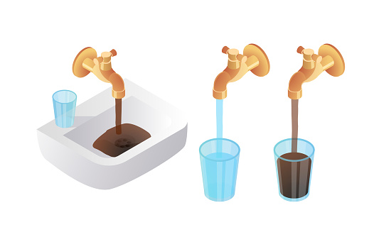 Clean and dirty glass water. Isometric dirty water pour faucet. Clean and dirty glass water. Problem of pollution water concept. Elements for illustration.