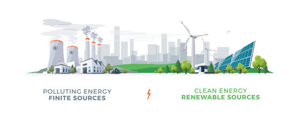 illustrazioni stock, clip art, cartoni animati e icone di tendenza di centrali pulite e inquinanti - energia sostenibile