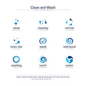 Clean and wash creative symbols set, font concept. Water refresh, laundry service abstract business pictogram. Swirl, shine, sparkle star icon. Corporate identity alphabet, sign company graphic design