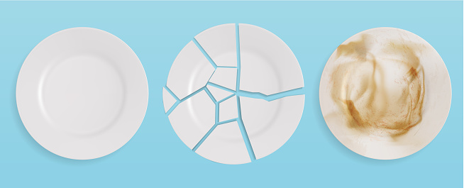 Clean, dirty broken plate vector illustration. Isolated on blue background