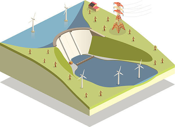 clean energy isometric landscape with a dam, wind turbines and electricity pylon. dam stock illustrations
