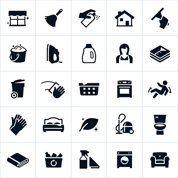 Cleaning and Housekeeping Icons A vector set of icons depicting cleaning or housekeeping concepts. The icons include a feather duster, bucket of suds, iron, laundry, housekeeper, trash cat, laundry, stove, vacuum and other cleaning symbols and household appliances. cleaning stock illustrations