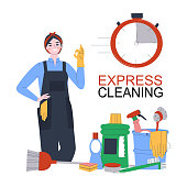 istock Cleaning girl shows like. Express cleaning service. Cleanliness and order service with home and office visits. Flat vector illustration. 1371912167
