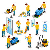Cleaning people isometric colored icons set with men and women washing and vacuuming isolated vector illustration