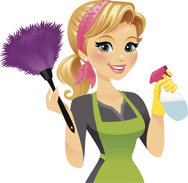Cleaning Lady A pretty girl with a feather duster in one hand (removable) and a spray bottle in the other.  cleaning illustrations stock illustrations