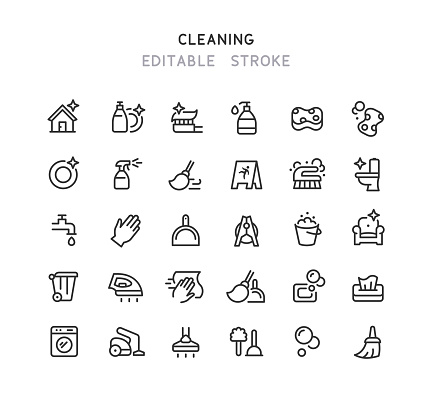 Set of line cleaning vector icons. Editable stroke.