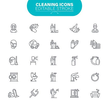 Cleaning Line Icons. Set contains symbol as Housework; Washing, Plunger; Dusting, Laundry, Illustration