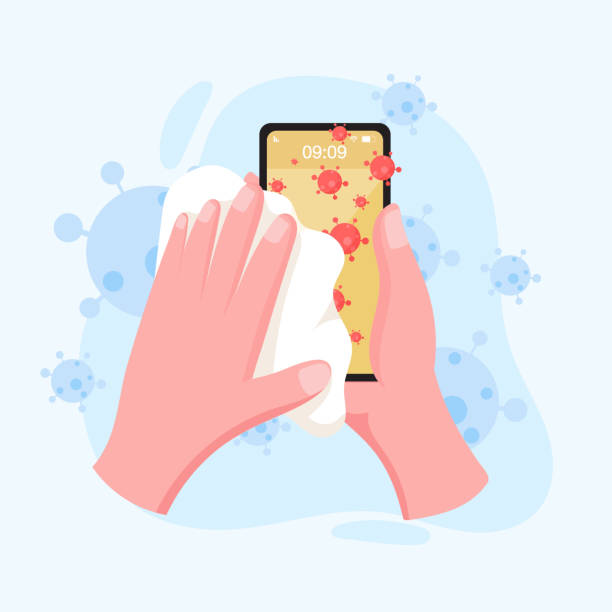 cleaning mobile phone screen hand holding and cleaning mobile phone screen with a napkin in flat style. stay safe for protect coronavirus. covid-19 outbreaking and pandemic attack concept. cleaning illustrations stock illustrations