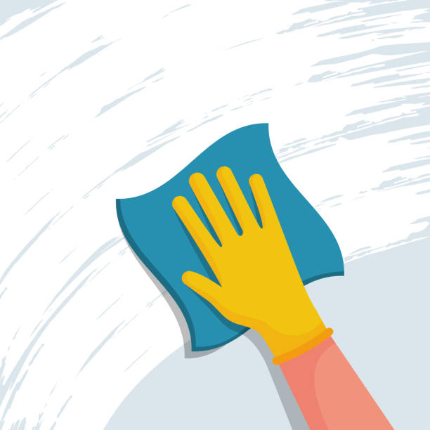 Cleaning napkin in the hands of a houseworker. Cleaning window. Cleaning napkin in the hands of a houseworker. Cleaning window. Wipe with a cloth, blue microfiber, yellow gloves. Housekeeping service. Vector illustration flat design. The concept of disinfection. rubbing stock illustrations