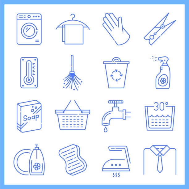 illustrations, cliparts, dessins animés et icônes de produits de nettoyage ingrédients blueprint style vector icon set - programmer machine à laver
