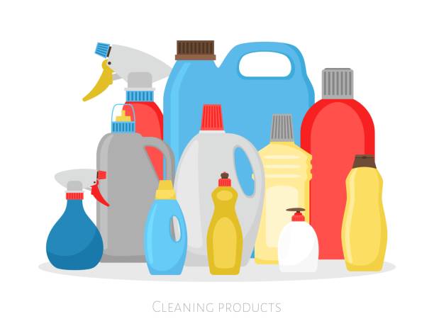 Cleaning products bottles. Isolated plastic packing set, detergent cleaner housekeeping objects vector illustration Cleaning products bottles. Isolated plastic packing set, detergent cleaner housekeeping objects vector illustration on white background cleaning illustrations stock illustrations