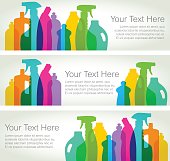 Colourful overlapping silhouettes of Cleaning Product containers. Fully repositionable elements.