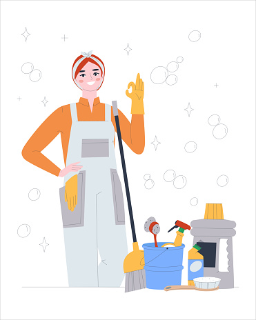 Cleaning service concept. Girl in overalls and rubber gloves. Show OK gesture. Cleaning tools - a broom, a sponge for washing, a bucket of water, products, a spray bottle.