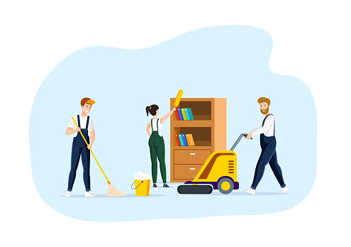 Cleaning service diverse team working at modern office. Hygienic cleanup at coworking center