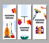 Cleaning service horizontal banners. Set house cleaning tools, detergent and disinfectant products, household equipment for washing - flat vector illustration.