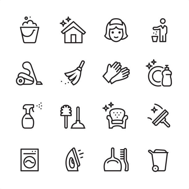 Cleaning Service - outline icon set vector art illustration