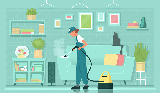 Cleaning service. Steam treatment of the surface. Steamer. Woman cleaner cleans the sofa. Vector illustration in flat style