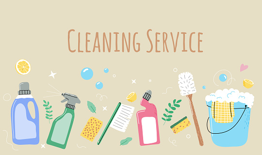 Cleaning set products. Bucket,sponge,window-cleaner products in bootle,dustpan,broom,detegent.Banner for cleaning service.Vector illustration.