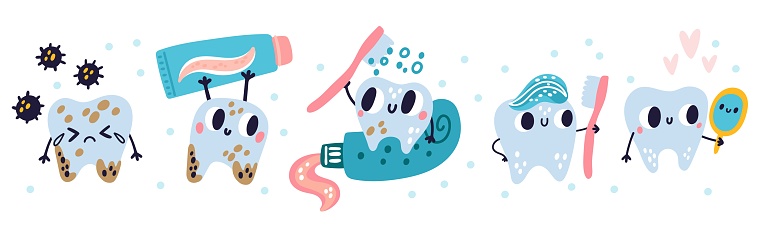 Cleaning teeth steps. Cartoon tooth character washes. Oral care educational banner. Toothpaste and toothbrush. Dental hygiene. Dirty crying and clean happy molars. Vector stomatology concept
