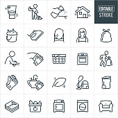 A set of cleaning icons that include editable strokes or outlines using the EPS vector file. The icons include a sparkling clean toilet, person sweeping with a broom, hand spraying a surface using a cleaning spray bottle, clean house, wash bucket, iron, clean mirror, housekeeper, female with apron, folded laundry, person using a wash rag to clean, cleaning gloves, gloved hand wiping, laundry basket, oven, person taking out the trash, gloved hand cleaning a bathroom sink, green chemicals, vacuum cleaner, garbage can, trash bag, recycle bin filled with recyclables, cloths dryer, cloths washer and an arm chair.