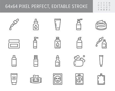 Cleanser cosmetic line icons. Vector illustration include icon - cream, collagen, mask, makeup lotion, serum, sunscreen outline pictogram for skincare product. 64x64 Pixel Perfect, Editable Stroke.
