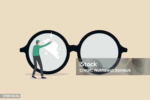 istock Clear business vision, see through lenses in details or clean and clear business outlook concept, miniature worker cleaning huge eyeglass lenses for owner to get clear vision. 1298113526