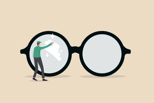 명확한 비즈니스 비전, 세부 사항 또는 깨끗하고 명확한 비즈니스 전망 개념의 렌즈를 통해 참조, 소유자가 명확한 비전을 얻기 위해 거대한 안경 렌즈를 청소 미니어처 노동자. - lens stock illustrations