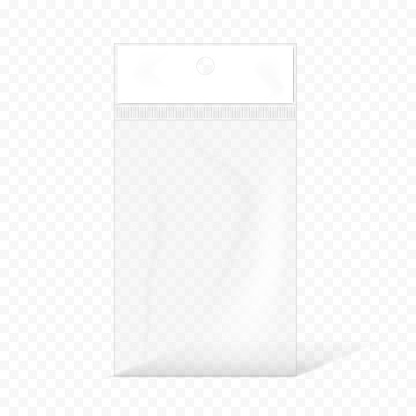 Clear packaging pouch with hanging slot on transparent background, vector mockup. Empty plastic pocket bag package, mock-up