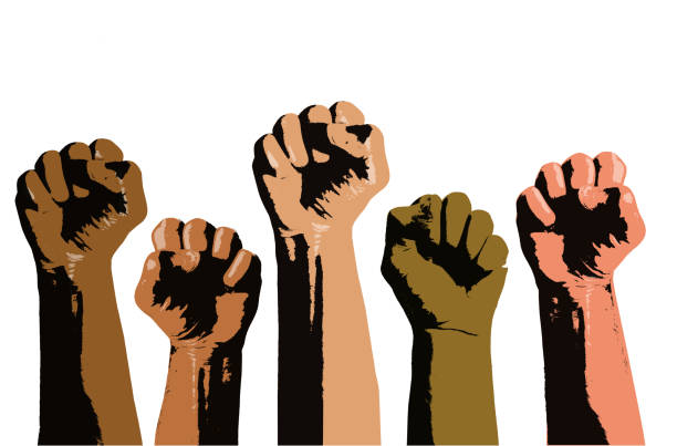 Clenched Fists Held High Posterised styled Multi coloured Clenched Fists, Protest, Demonstration, voting silhouettes stock illustrations