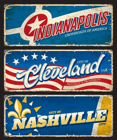 Cleveland, Indianapolis and Nashville american cities plates and travel stickers. USA city or town vintage plate, grunge travel banner or card. United States of America tour retro vector tin signs
